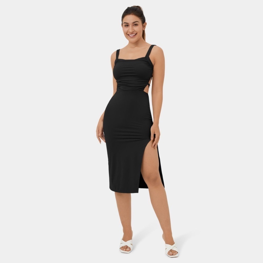 Halara Ruched Backless Crisscross Lace Up Split Bodycon Midi Dress***